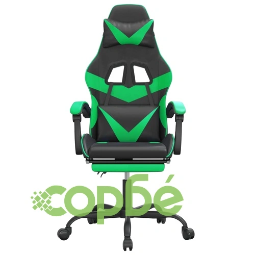 Гейминг стол с опора за крака, черно и зелено, изкуствена кожа ➤ топ цена ➤ sorbe.bg