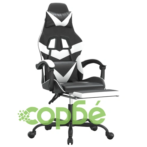 Гейминг стол с опора за крака, черно и бяло, изкуствена кожа ➤ топ цена ➤ sorbe.bg