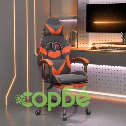 Гейминг стол с опора за крака, черно и оранжев, изкуствена кожа ➤ топ цена ➤ sorbe.bg