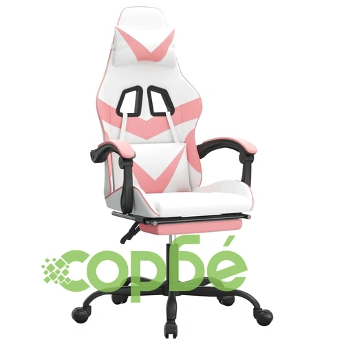 Гейминг стол с опора за крака, Бял и Розов, изкуствена кожа ➤ топ цена ➤ sorbe.bg