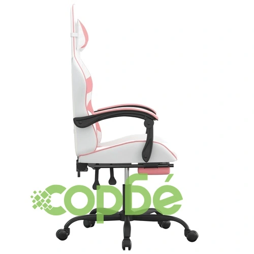 Гейминг стол с опора за крака, Бял и Розов, изкуствена кожа ➤ топ цена ➤ sorbe.bg