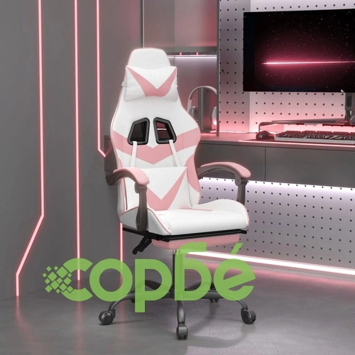 Гейминг стол с опора за крака, Бял и Розов, изкуствена кожа ➤ топ цена ➤ sorbe.bg