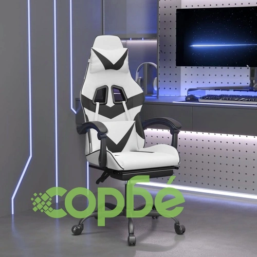 Гейминг стол с опора за крака, бяло и черно, изкуствена кожа ➤ топ цена ➤ sorbe.bg