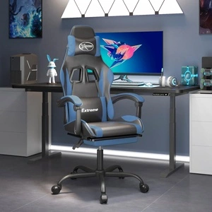 Гейминг стол с опора, черно и синьо, изкуствена кожа