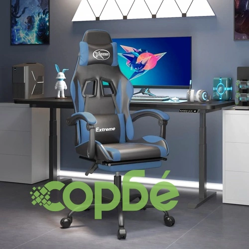 Гейминг стол с опора, черно и синьо, изкуствена кожа ➤ топ цена ➤ sorbe.bg