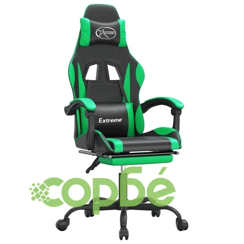 Гейминг стол с опора за крака, черно и зелено, изкуствена кожа ➤ топ цена ➤ sorbe.bg