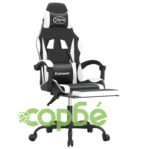 Гейминг стол с опора за крака, черно и бяло, изкуствена кожа ➤ топ цена ➤ sorbe.bg