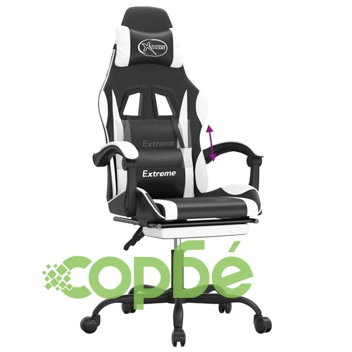 Гейминг стол с опора за крака, черно и бяло, изкуствена кожа ➤ топ цена ➤ sorbe.bg