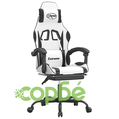 Гейминг стол с опора за крака, бяло и черно, изкуствена кожа ➤ топ цена ➤ sorbe.bg