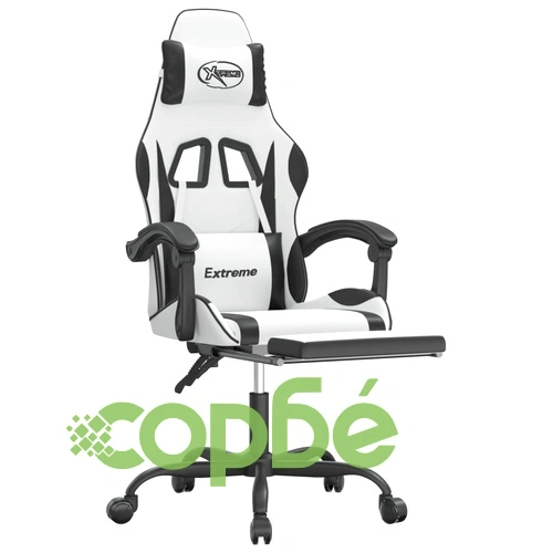 Гейминг стол с опора за крака, бяло и черно, изкуствена кожа ➤ топ цена ➤ sorbe.bg