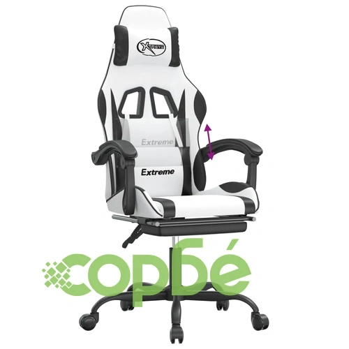 Гейминг стол с опора за крака, бяло и черно, изкуствена кожа ➤ топ цена ➤ sorbe.bg