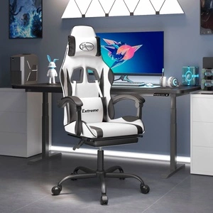 Гейминг стол с опора за крака, бяло и черно, изкуствена кожа