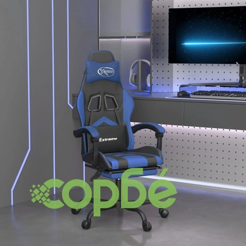 Гейминг стол с опора, черно и синьо, изкуствена кожа ➤ топ цена ➤ sorbe.bg