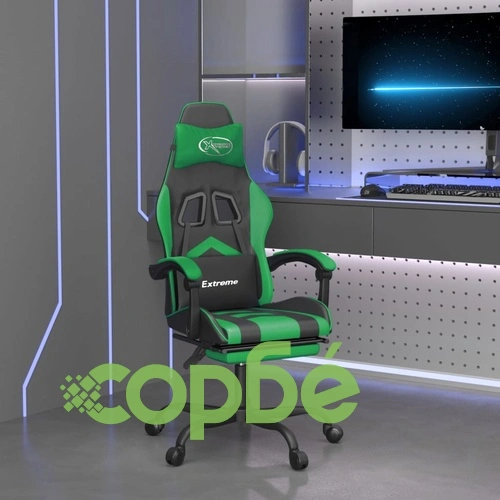 Гейминг стол с опора за крака, черно и зелено, изкуствена кожа ➤ топ цена ➤ sorbe.bg