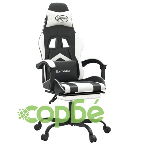 Гейминг стол с опора за крака, черно и бяло, изкуствена кожа ➤ топ цена ➤ sorbe.bg