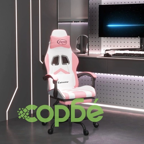 Гейминг стол с опора за крака, Бял и Розов, изкуствена кожа ➤ топ цена ➤ sorbe.bg