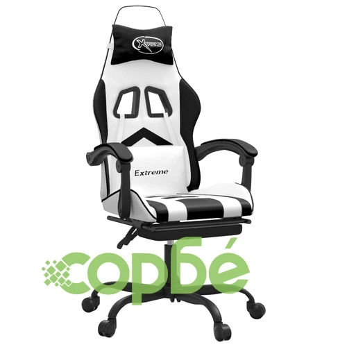 Гейминг стол с опора за крака, бяло и черно, изкуствена кожа ➤ топ цена ➤ sorbe.bg