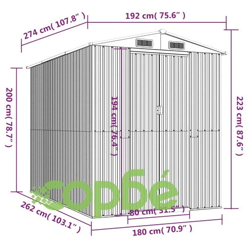 Градинска барака светлосива 192x274x223 см поцинкована стомана ➤ топ цена ➤ sorbe.bg