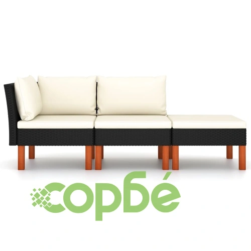 Градински лаундж комплект, 3 части, полиратан и евкалипт масив ➤ топ цена ➤ sorbe.bg