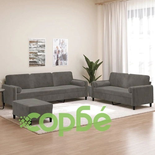 Комплект дивани от 3 части с възглавници, тъмносив, кадифе ➤ топ цена ➤ sorbe.bg
