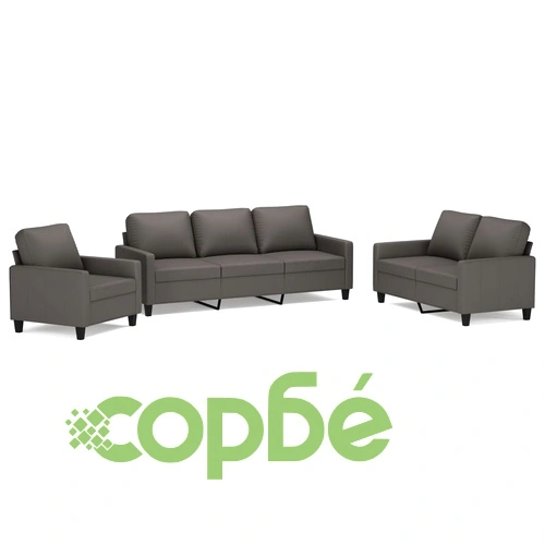 Комплект дивани от 3 части, с възглавници, сив, изкуствена кожа ➤ топ цена ➤ sorbe.bg