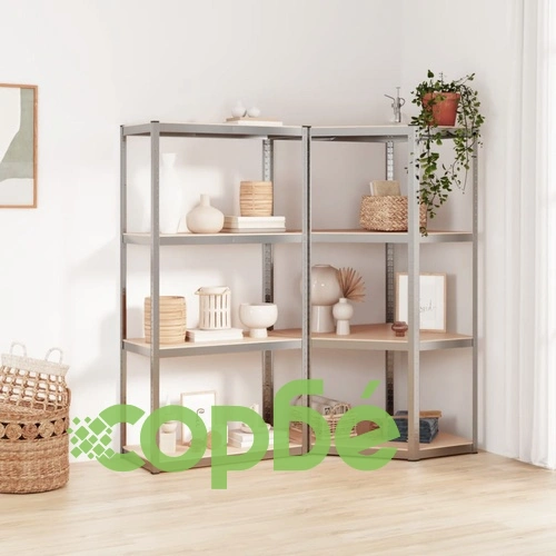Стелажи с 4 рафта, 2 бр, сребристи, стомана и инженерно дърво ➤ топ цена ➤ sorbe.bg