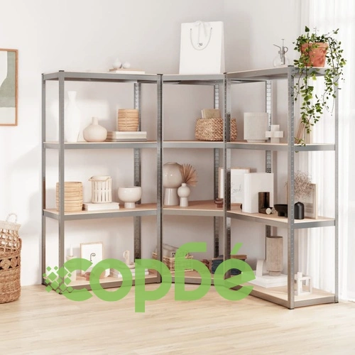 Стелажи с 4 рафта, 3 бр, сребристи, стомана и инженерно дърво ➤ топ цена ➤ sorbe.bg