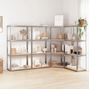 Стелажи с 4 рафта, 2 бр, сребристи, стомана и инженерно дърво