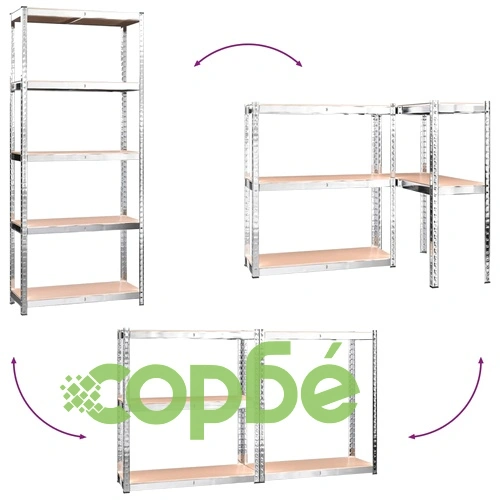 Стелажи с 5 рафта, 3 бр, сребристи, стомана и инженерно дърво ➤ топ цена ➤ sorbe.bg