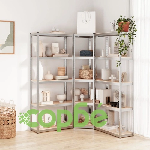 Стелажи с 5 рафта, 3 бр, сребристи, стомана и инженерно дърво ➤ топ цена ➤ sorbe.bg