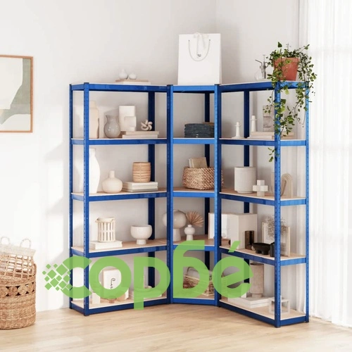 Стелажи с 5 рафта, 3 бр, сини, стомана и инженерно дърво ➤ топ цена ➤ sorbe.bg