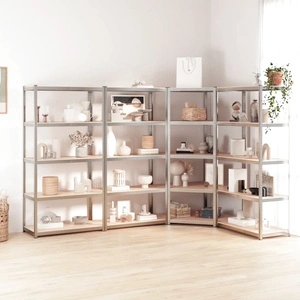 Стелажи с 5 рафта, 4 бр, сребристи, стомана и инженерно дърво