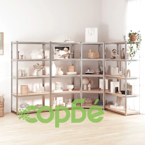 Стелажи с 5 рафта, 4 бр, сребристи, стомана и инженерно дърво ➤ топ цена ➤ sorbe.bg