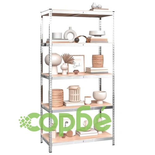 Стелажи с 5 рафта, 5 бр, сребристи, стомана и инженерно дърво ➤ топ цена ➤ sorbe.bg