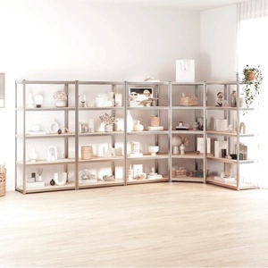 Стелажи с 5 рафта, 5 бр, сребристи, стомана и инженерно дърво