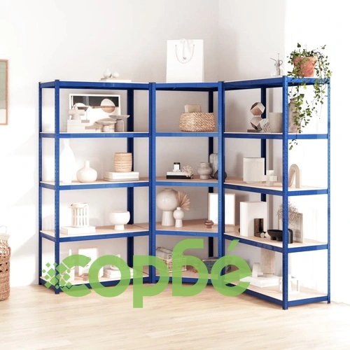 Стелажи с 5 рафта, 3 бр, сини, стомана и инженерно дърво ➤ топ цена ➤ sorbe.bg