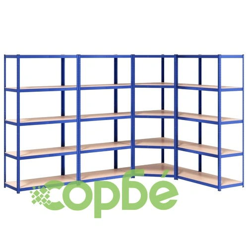 Стелажи с 5 рафта, 4 бр, сини, стомана и инженерно дърво ➤ топ цена ➤ sorbe.bg