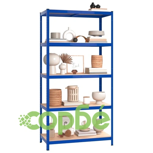 Стелажи с 5 рафта, 4 бр, сини, стомана и инженерно дърво ➤ топ цена ➤ sorbe.bg