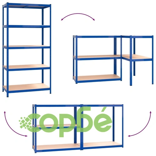Стелажи с 5 рафта, 4 бр, сини, стомана и инженерно дърво ➤ топ цена ➤ sorbe.bg