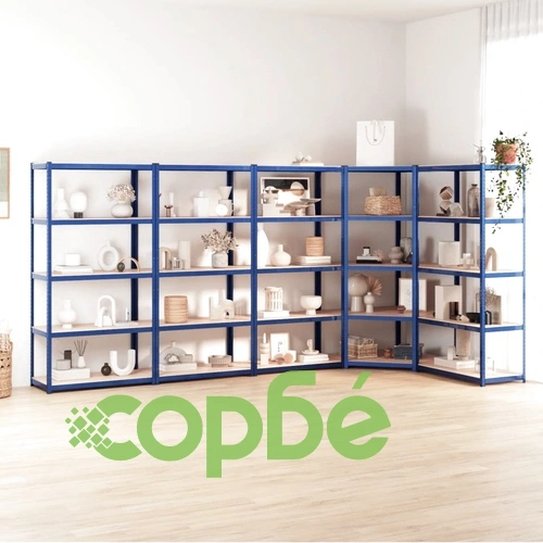 Стелажи с 5 рафта, 5 бр, сини, стомана и инженерно дърво ➤ топ цена ➤ sorbe.bg