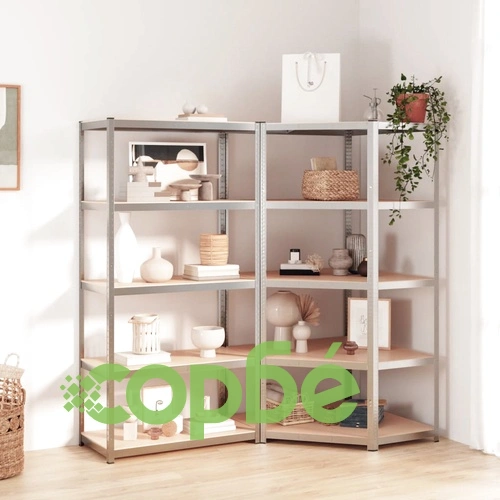 Здрави стелажи с 5 рафта 2 бр сребро стомана и инженерно дърво ➤ топ цена ➤ sorbe.bg