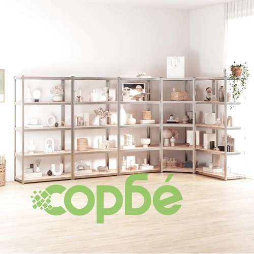 Стелажи с 5 рафта, 5 бр, сребристи, стомана и инженерно дърво ➤ топ цена ➤ sorbe.bg