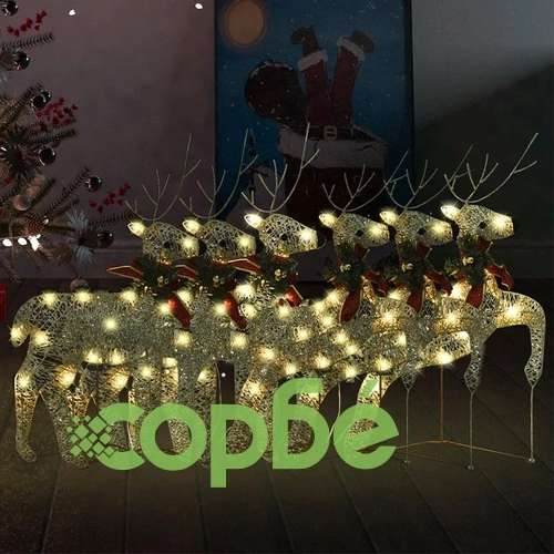 Коледни елени, 6 бр, златисти, 120 LED ➤ топ цена ➤ sorbe.bg