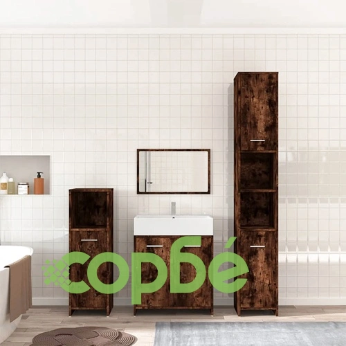 Комплект мебели за баня от 4 части, опушен дъб, инженерно дърво ➤ топ цена ➤ sorbe.bg