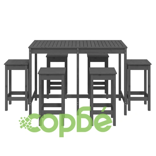 Градински бар комплект от 7 части, сив, масивно дърво бор ➤ топ цена ➤ sorbe.bg