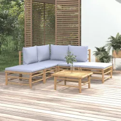 Градински комплект със светлосиви възглавници, 6 части, бамбук