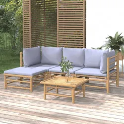 Градински лаундж комплект 5 части светлосиви възглавници бамбук