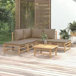 Градински лаундж комплект с таупе възглавници, 6 части, бамбук