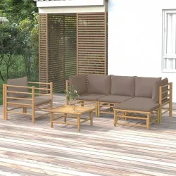 Градински лаундж комплект, 6 части, възглавници таупе, бамбук