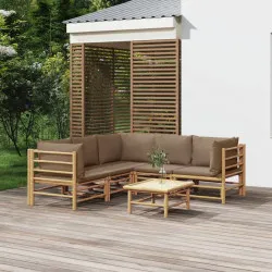 Градински лаундж комплект, 6 части, възглавници таупе, бамбук